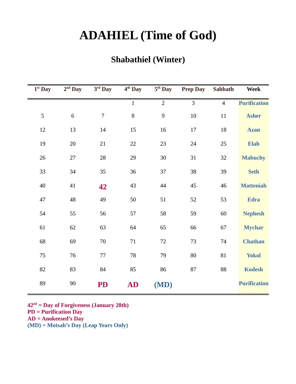 Shabathiel (Winter) printable calendar — ADAHIEL